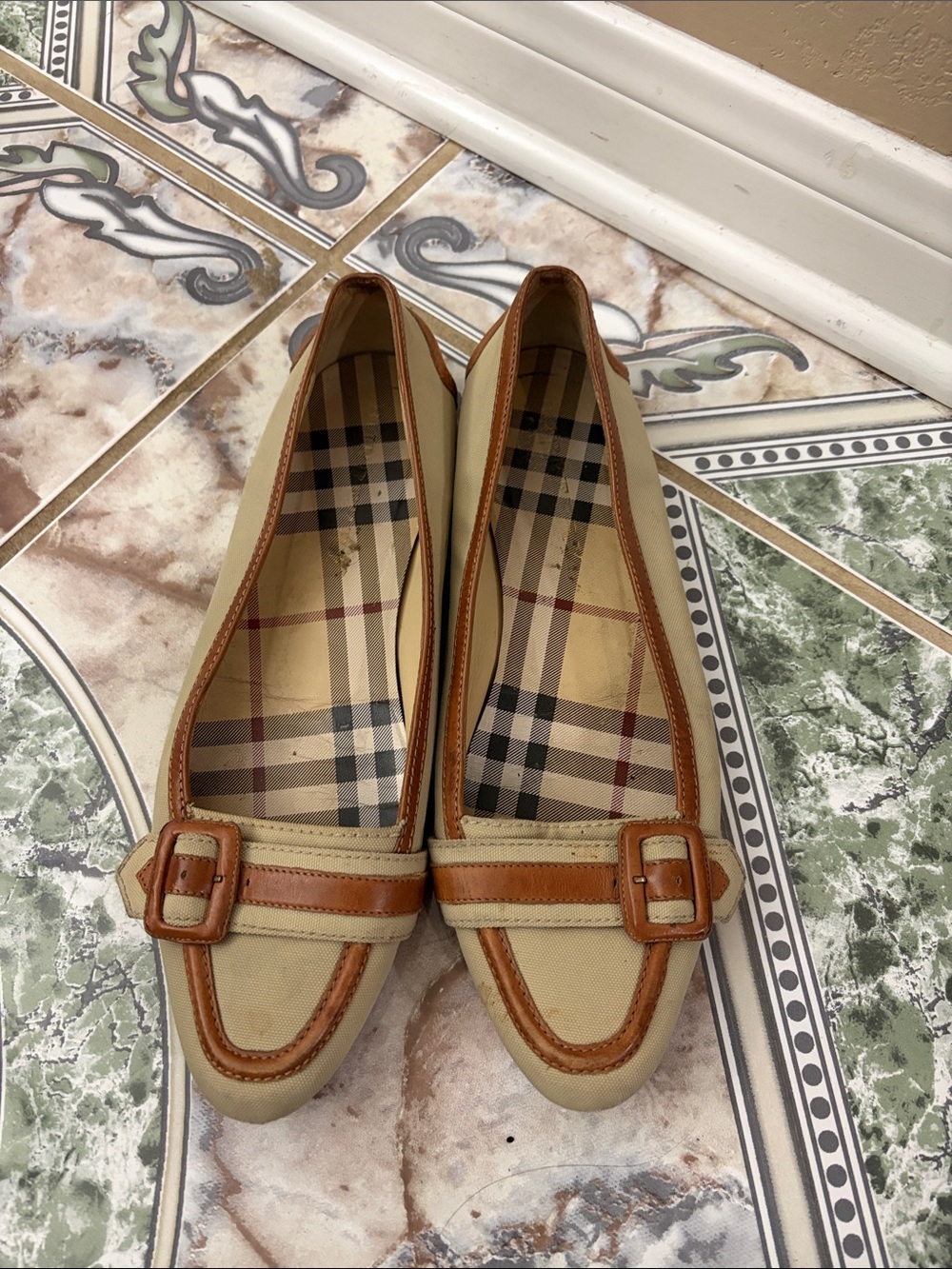 Burberry Beige and Tan Loafer Flats with Buckle Trim